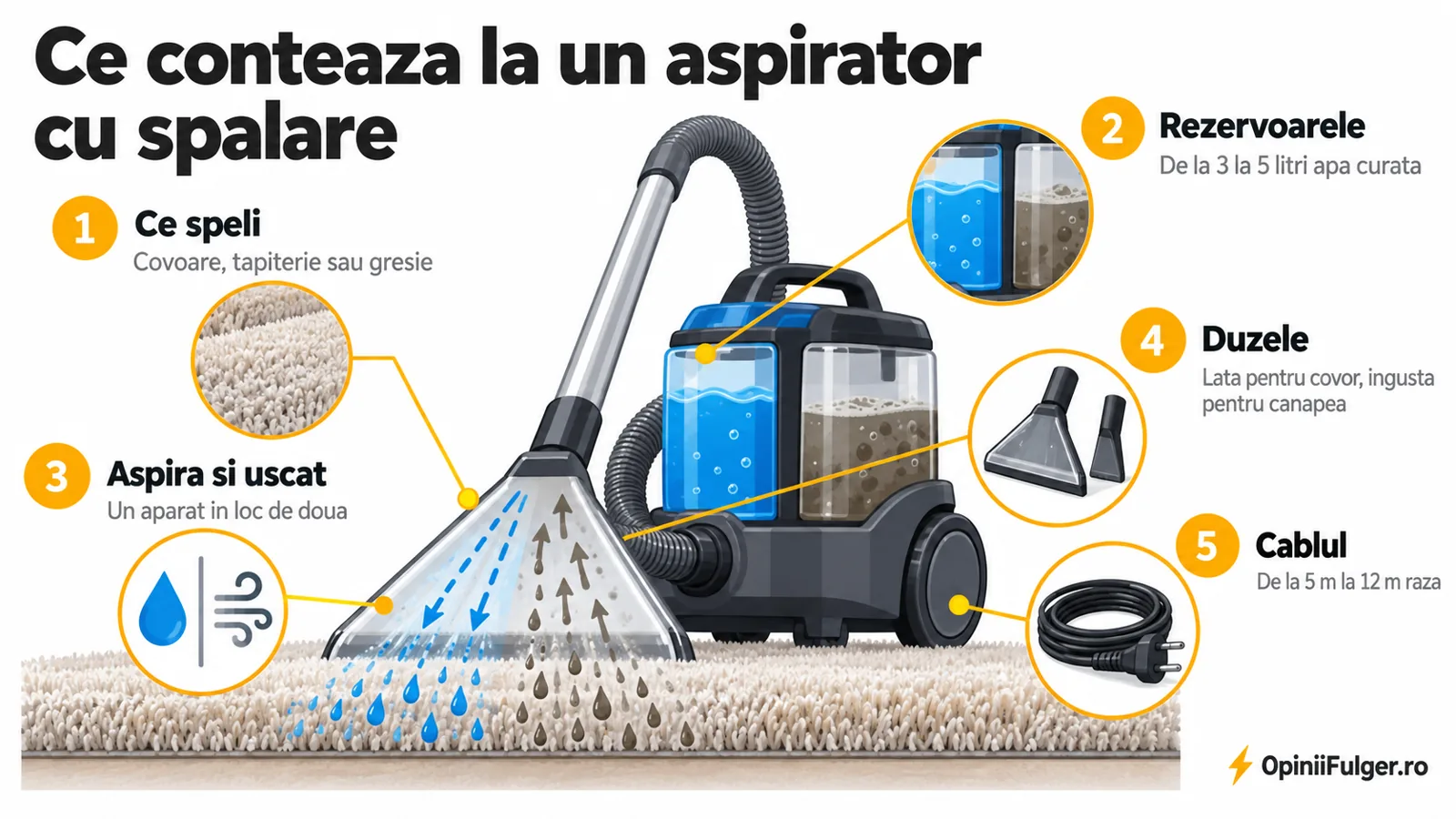 Ce conteaza la un aspirator cu spalare: ce speli, rezervoarele, aspirarea uscata, duzele, cablul