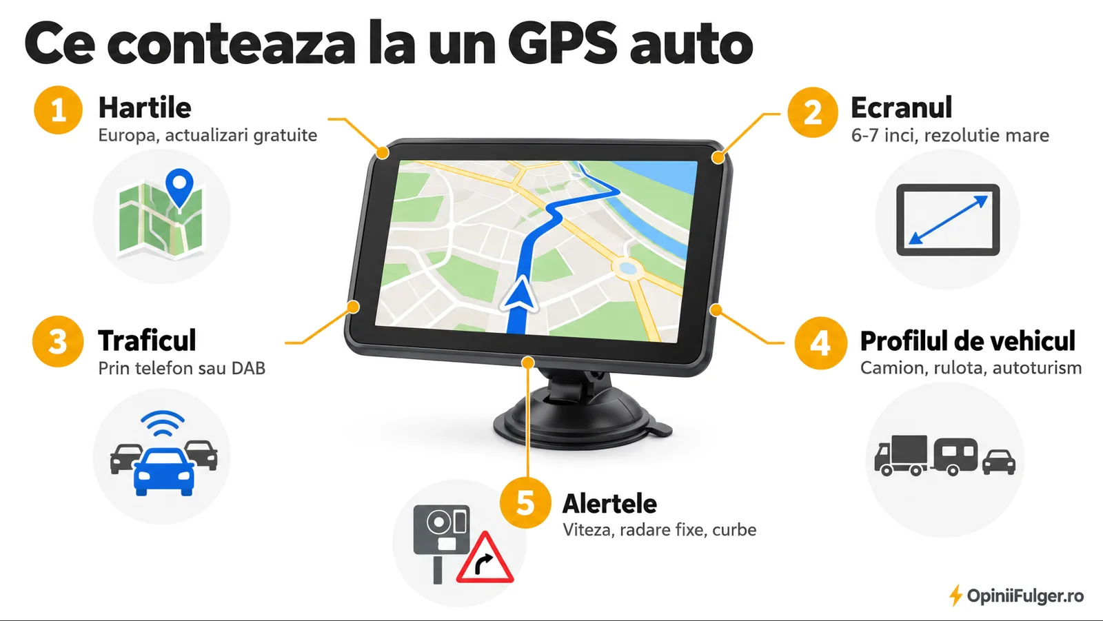 Ce conteaza la un GPS auto: hartile, ecranul, traficul, profilul de vehicul, alertele