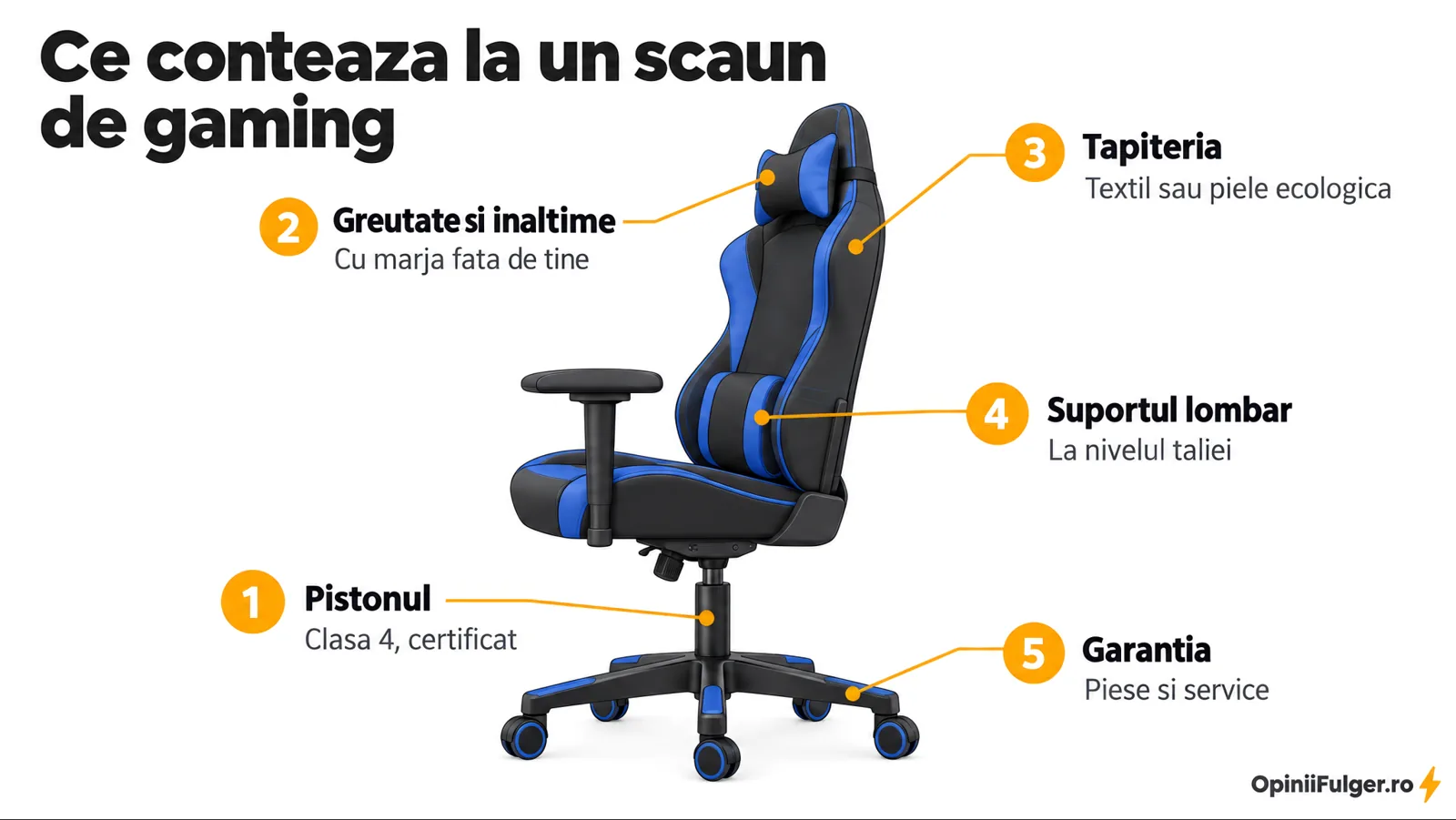 Ce conteaza la un scaun de gaming: pistonul, greutatea si inaltimea, tapiteria, suportul lombar, garantia