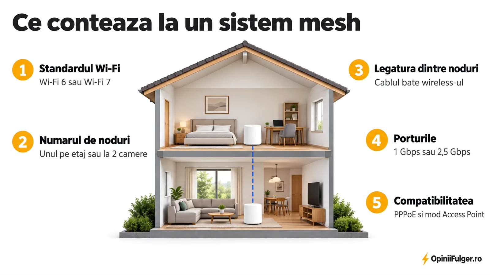Ce conteaza la un sistem mesh: standardul Wi-Fi, numarul de noduri, legatura dintre noduri, porturile, compatibilitatea