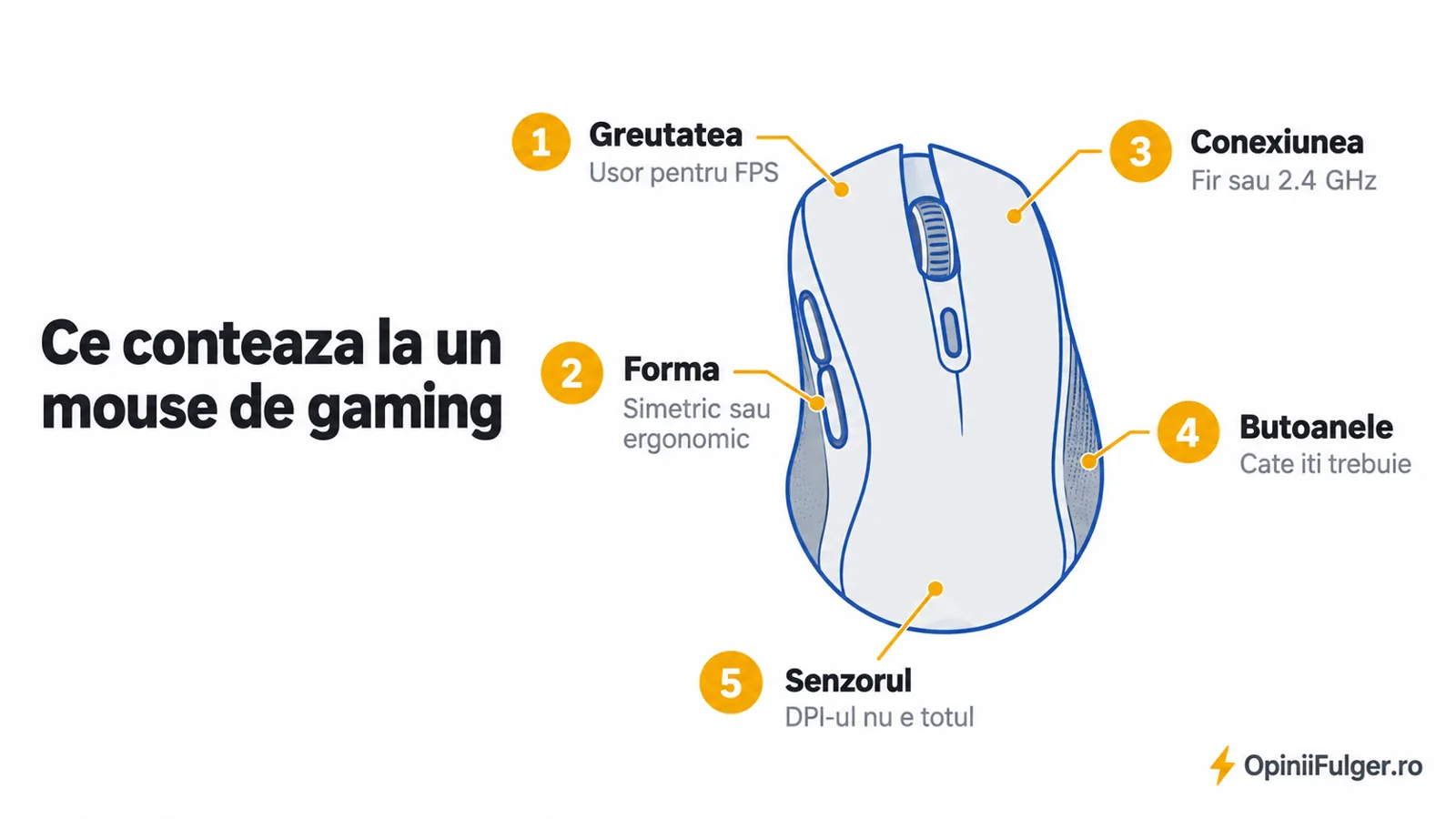 Ce conteaza la un mouse de gaming: greutatea, forma, conexiunea, butoanele, senzorul