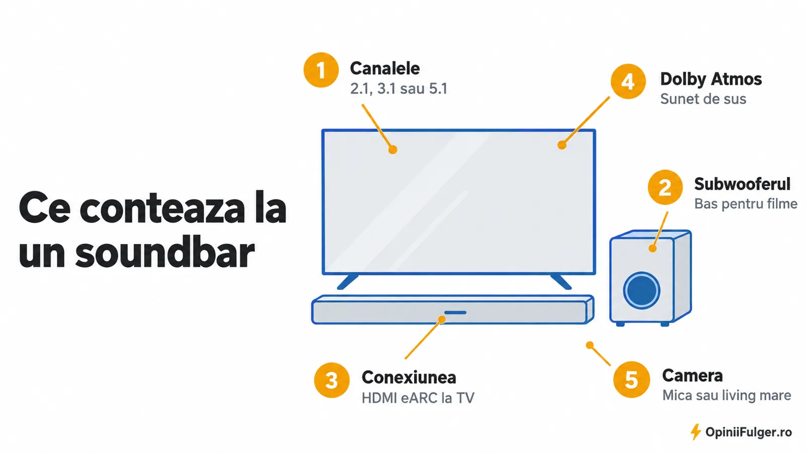 Ce conteaza la un soundbar: canalele, subwooferul, conexiunea HDMI eARC, Dolby Atmos, camera